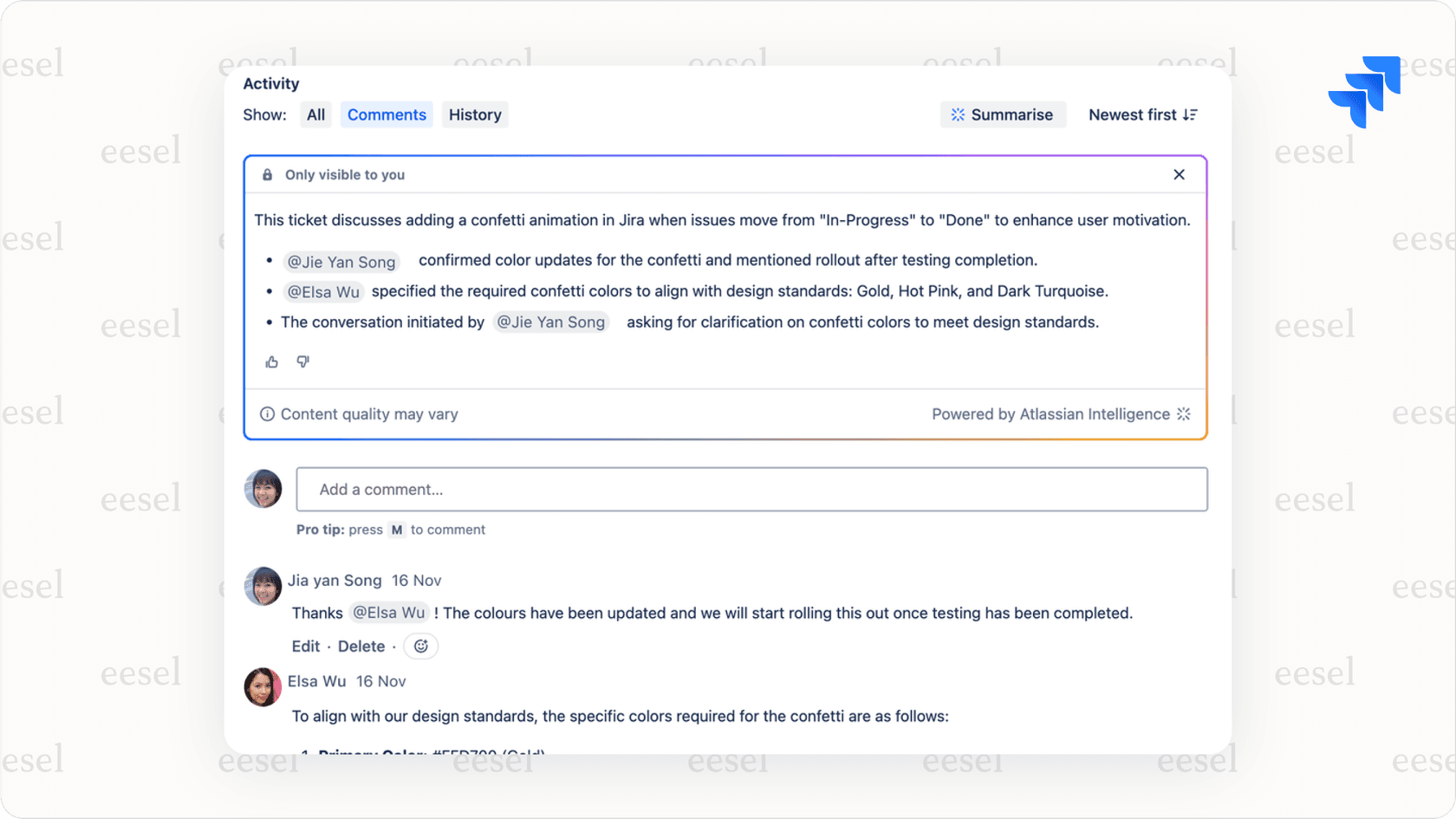 Jira Service Management summarizing a ticket.