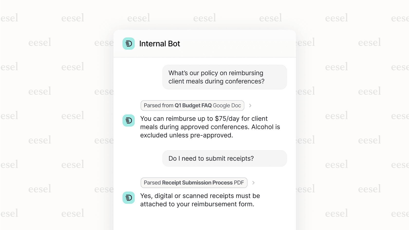 eesel AI chat showing an answer with source links.