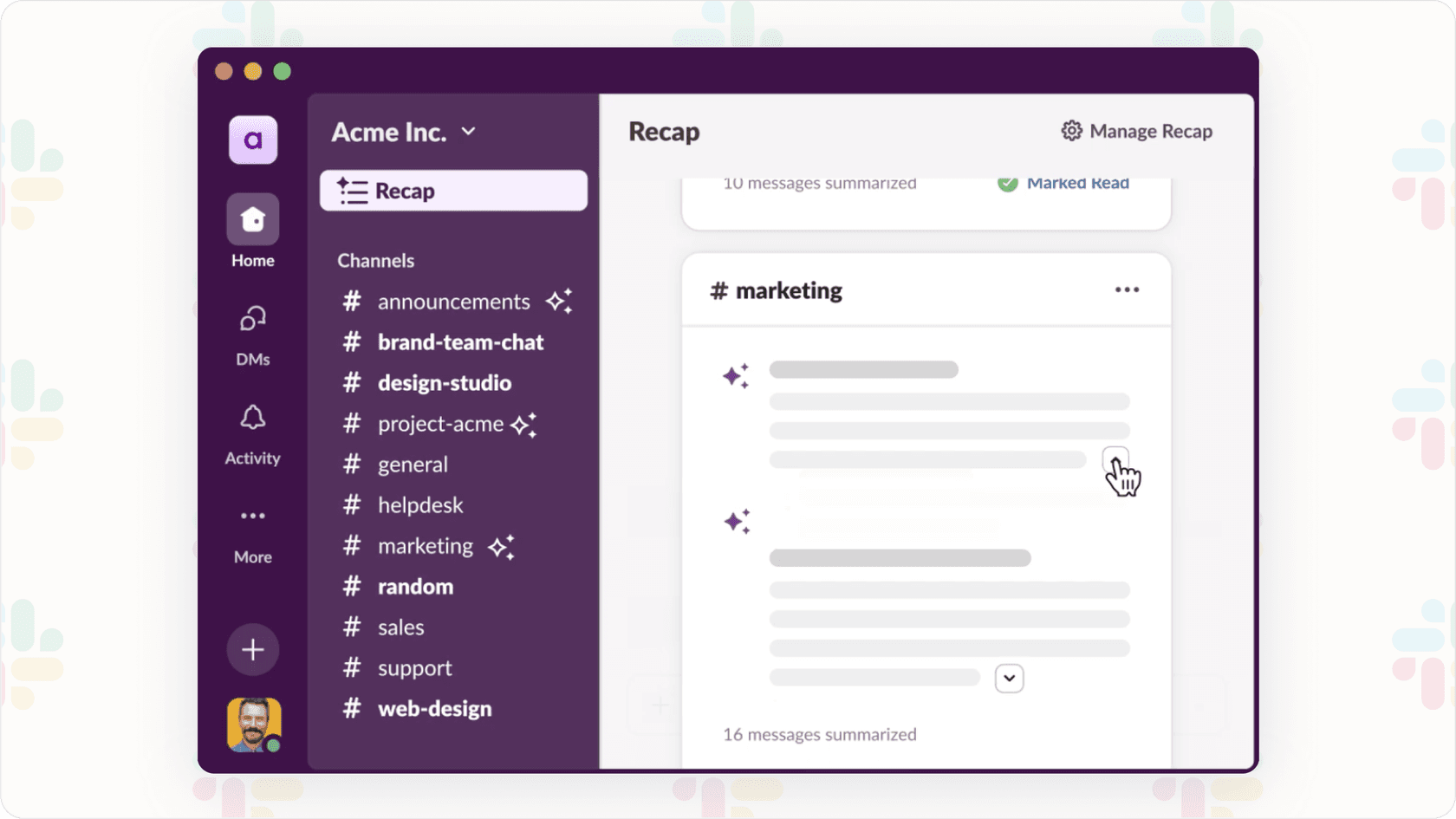 A daily recap layout provided by Slack AI.