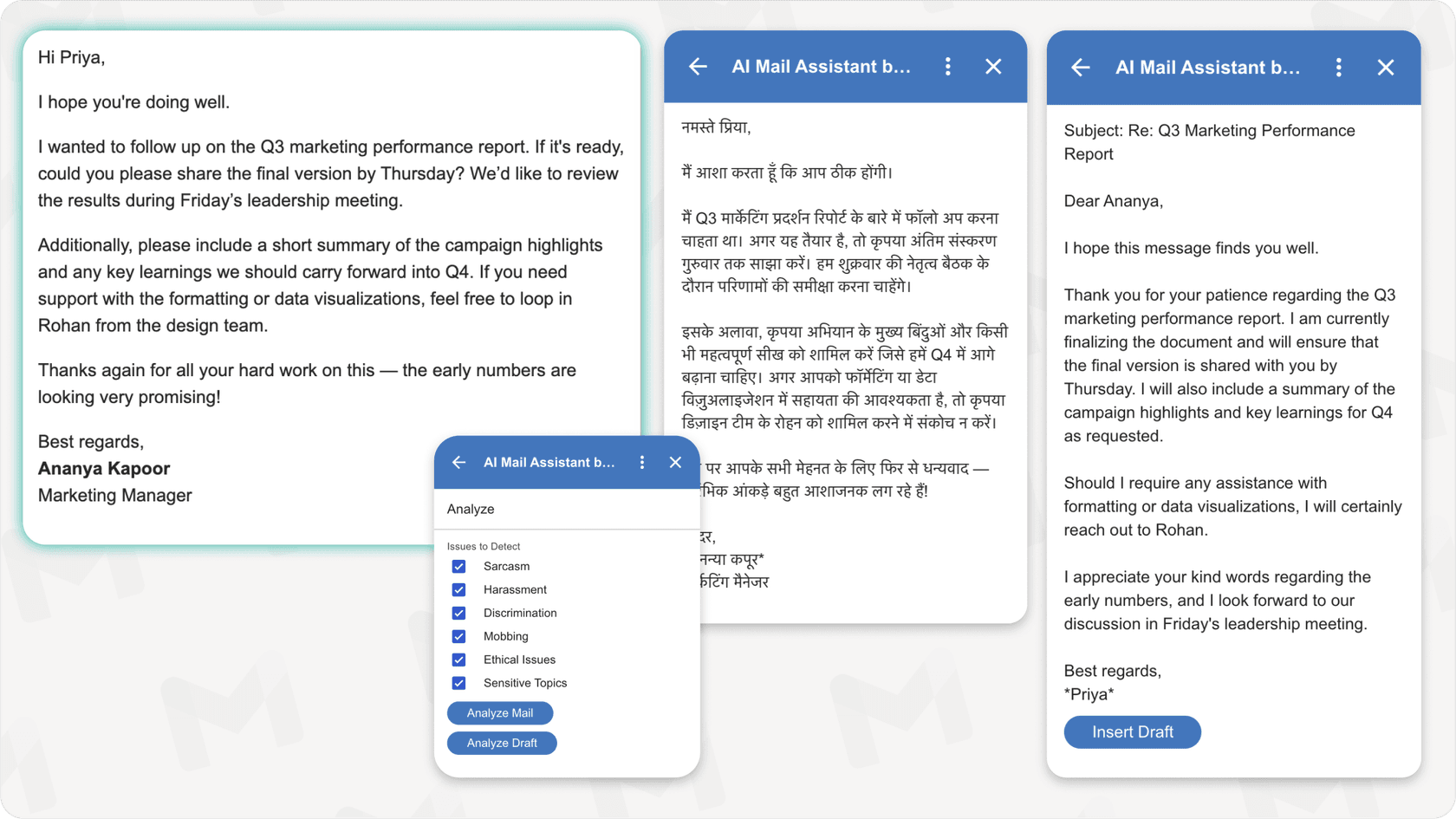Klart AI Mail Assistant analyzing tone and offering translation in Gmail.