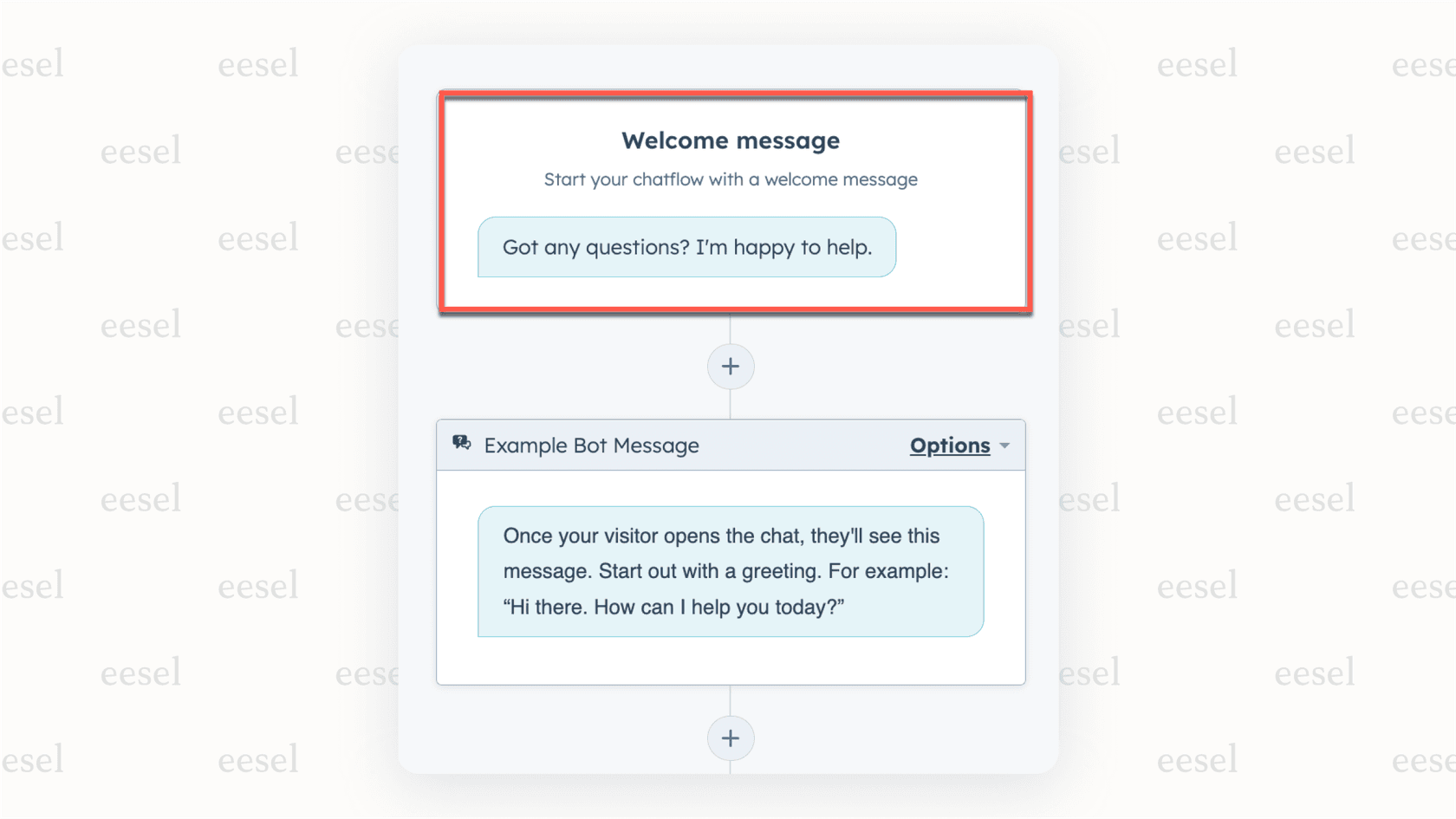Setting up initial actions in the HubSpot AI chatbot builder.