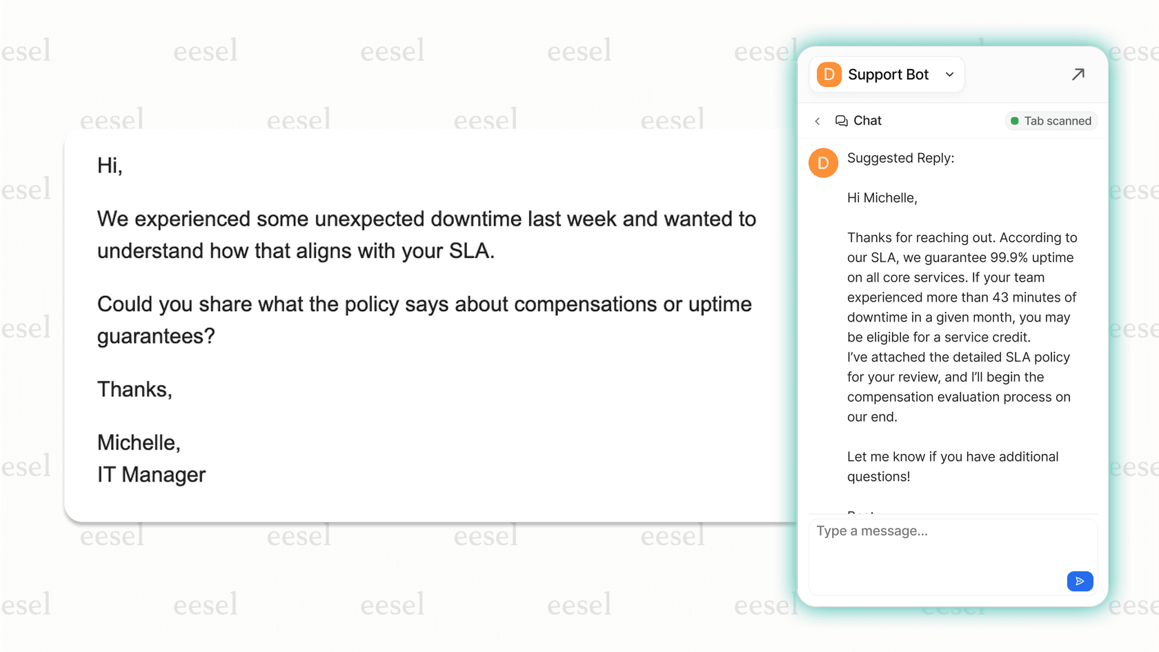 Screenshot of the eesel AI Assistant browser extension integrated into Gmail, showing a suggested draft for a Gmail AI reply. 