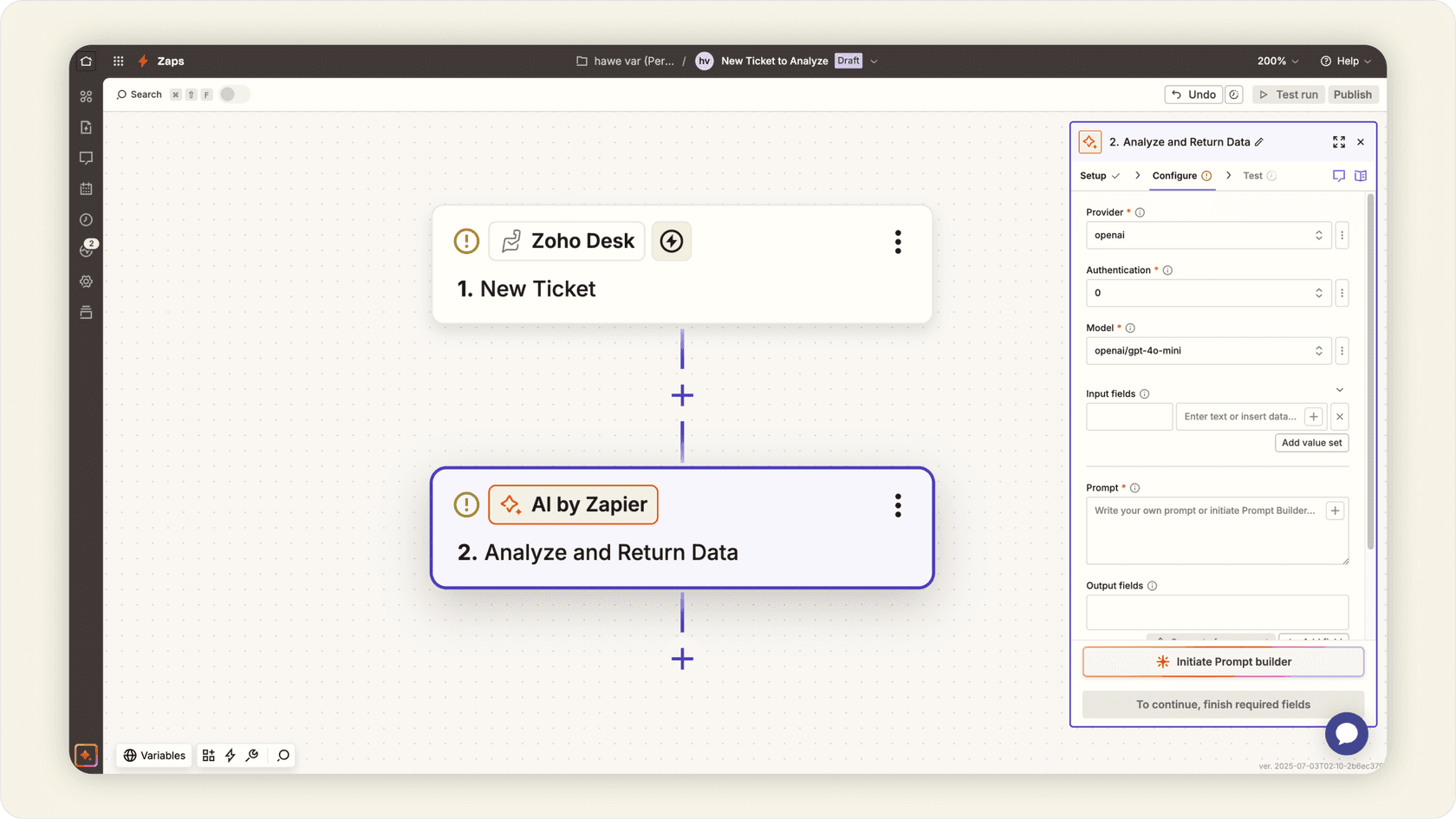 Zapier AI sending an automated ticket to Zoho Desk.