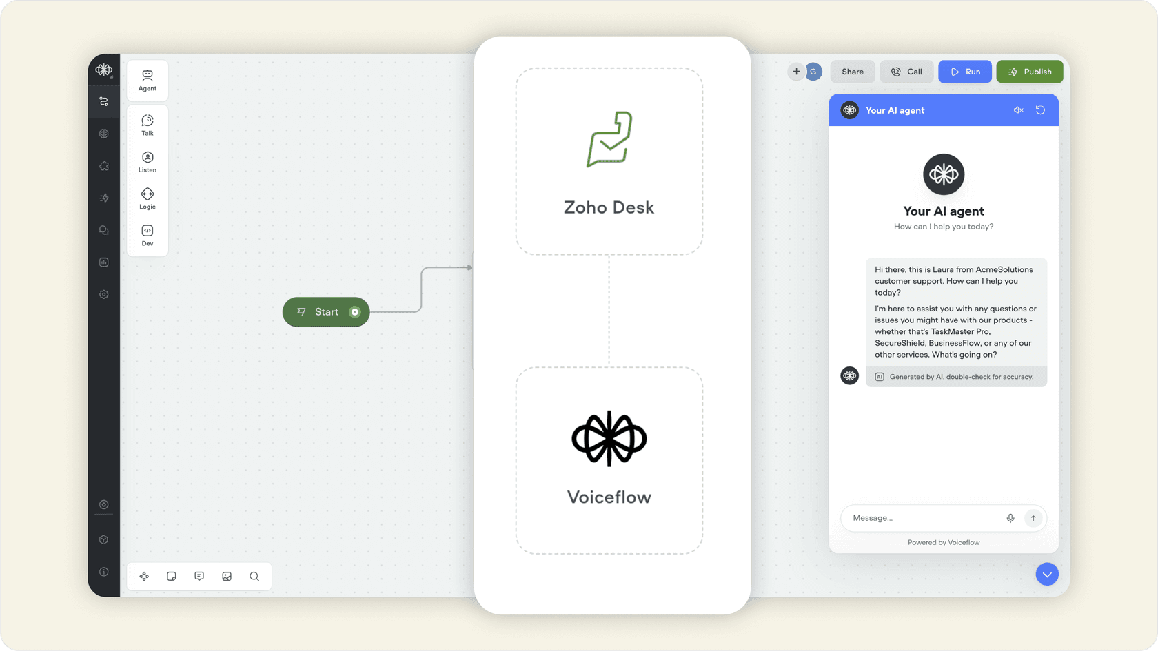 Voiceflow AI integrated with Zoho Desk.