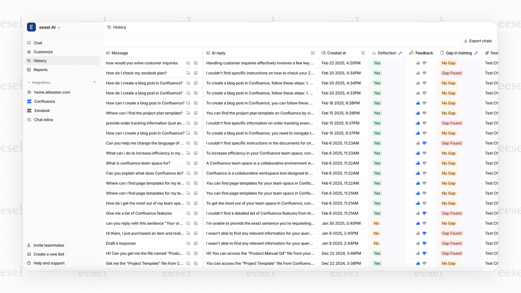 Reviewing customer conversations with eesel AI's history feature.