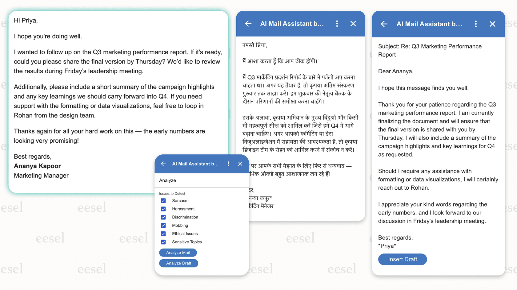Klart AI, a Gmail AI plugin, analyzing an email's tone and translating it on the spot.