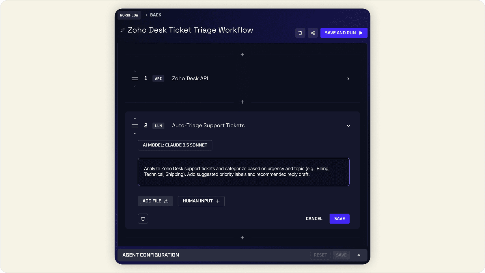 Zoho Desk ticket triage workflow setup in Kindo.