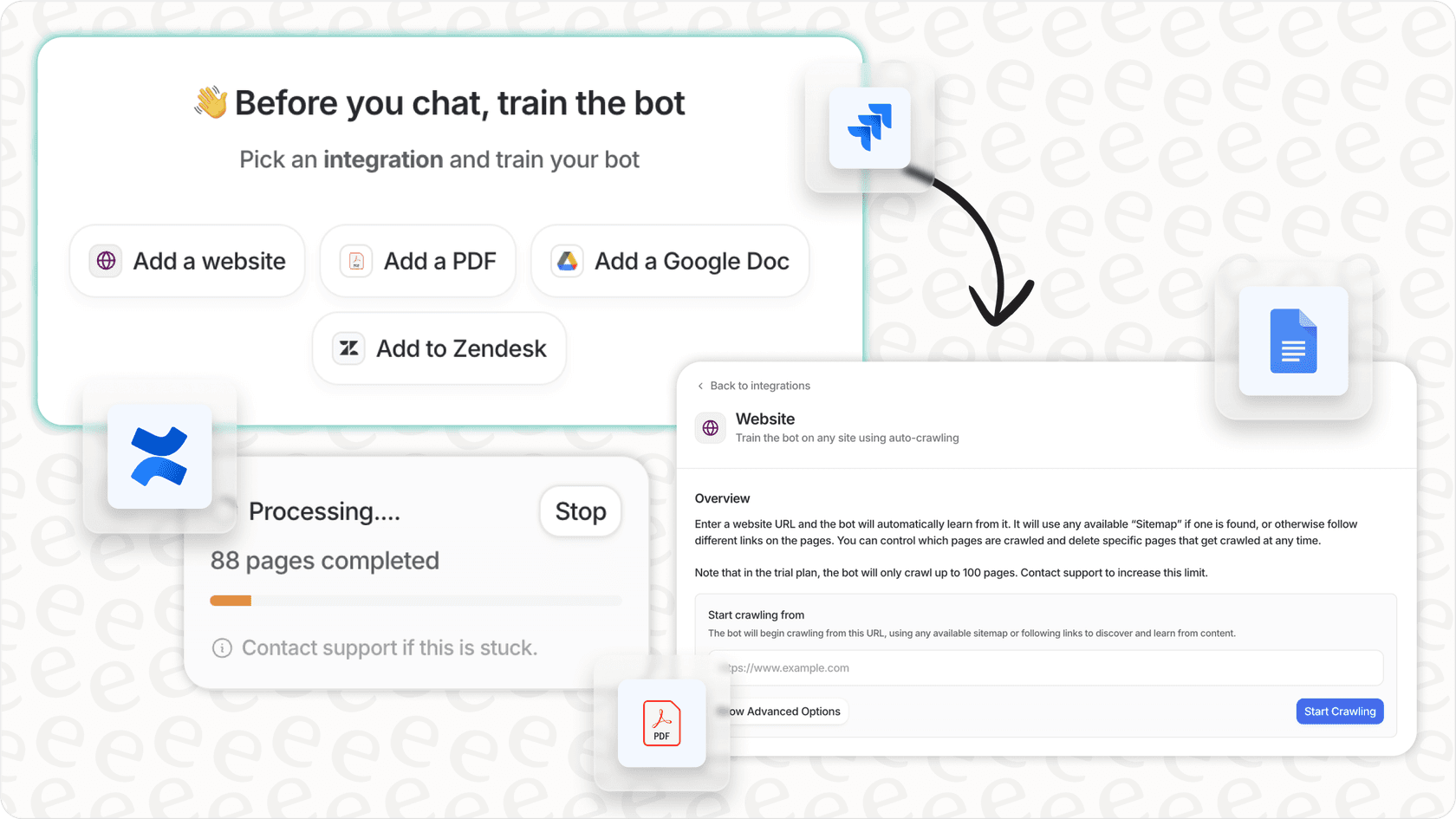 eesel AI training interface with a wide range of various knowledge source it can integrate with.