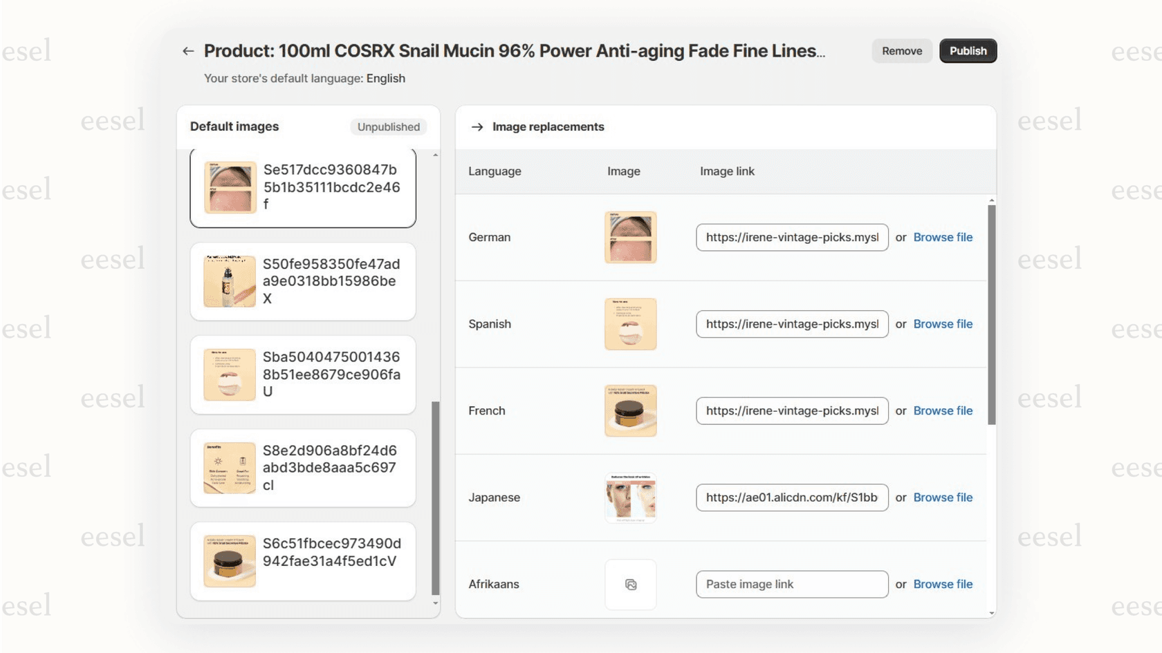 Transcy's interface showing language settings for localization in Shopify. 