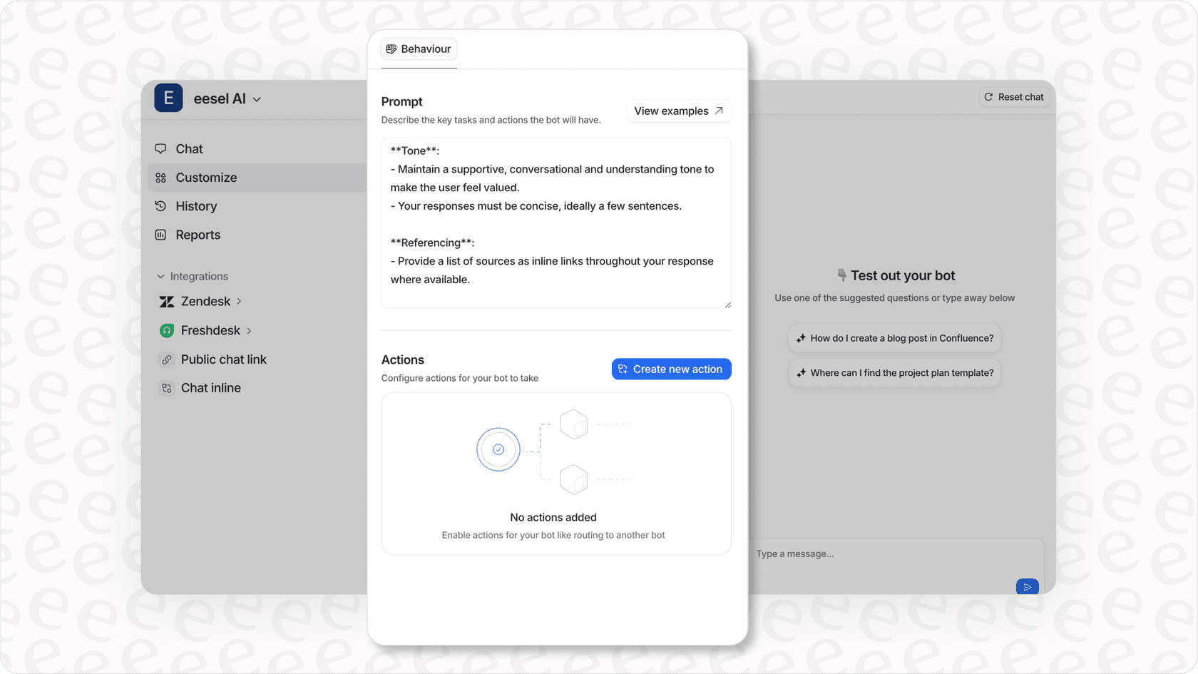 eesel AI customization interface showing options for prompts, tone, and actions.