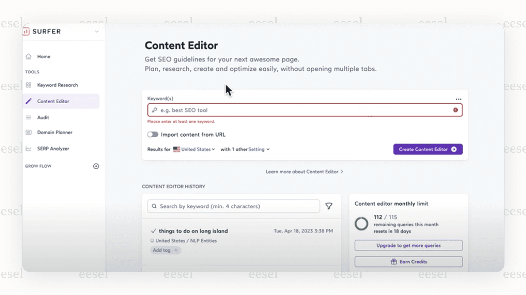 Surfer AI content editor showing SEO optimization suggestions.
