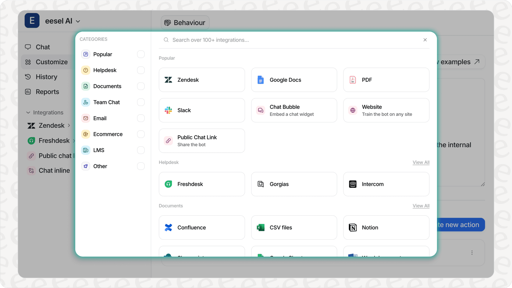  eesel AI's various knowledge source integrations available for training bots.