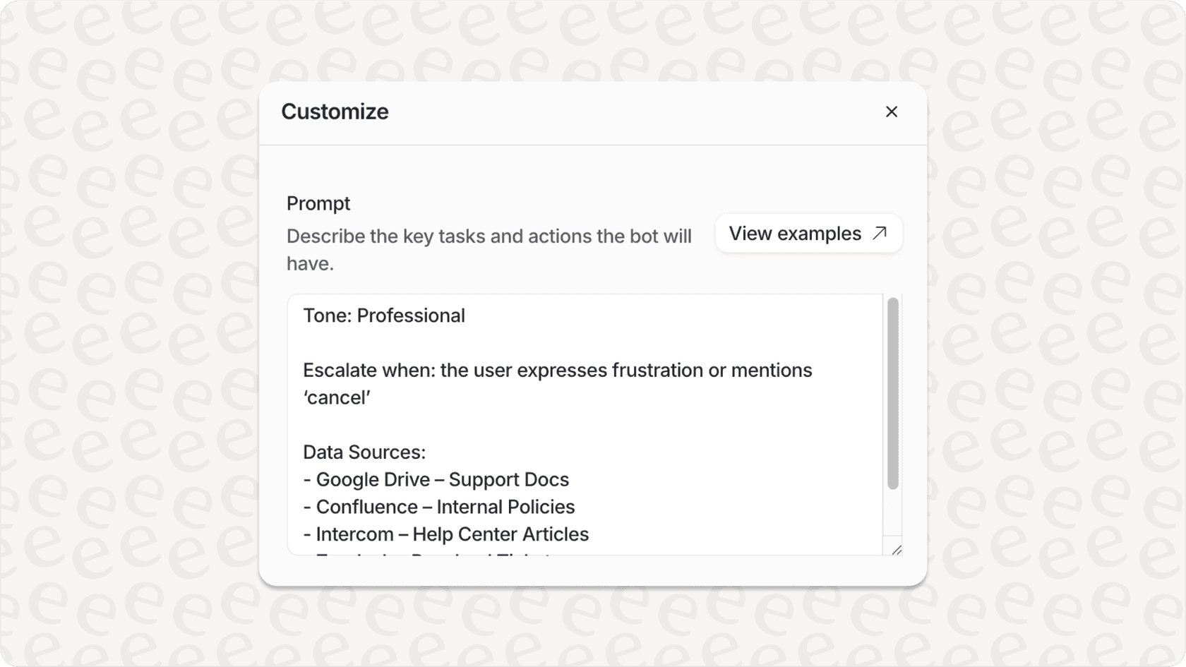 eesel AI configuration screen with customization options for automation support and maintenance.