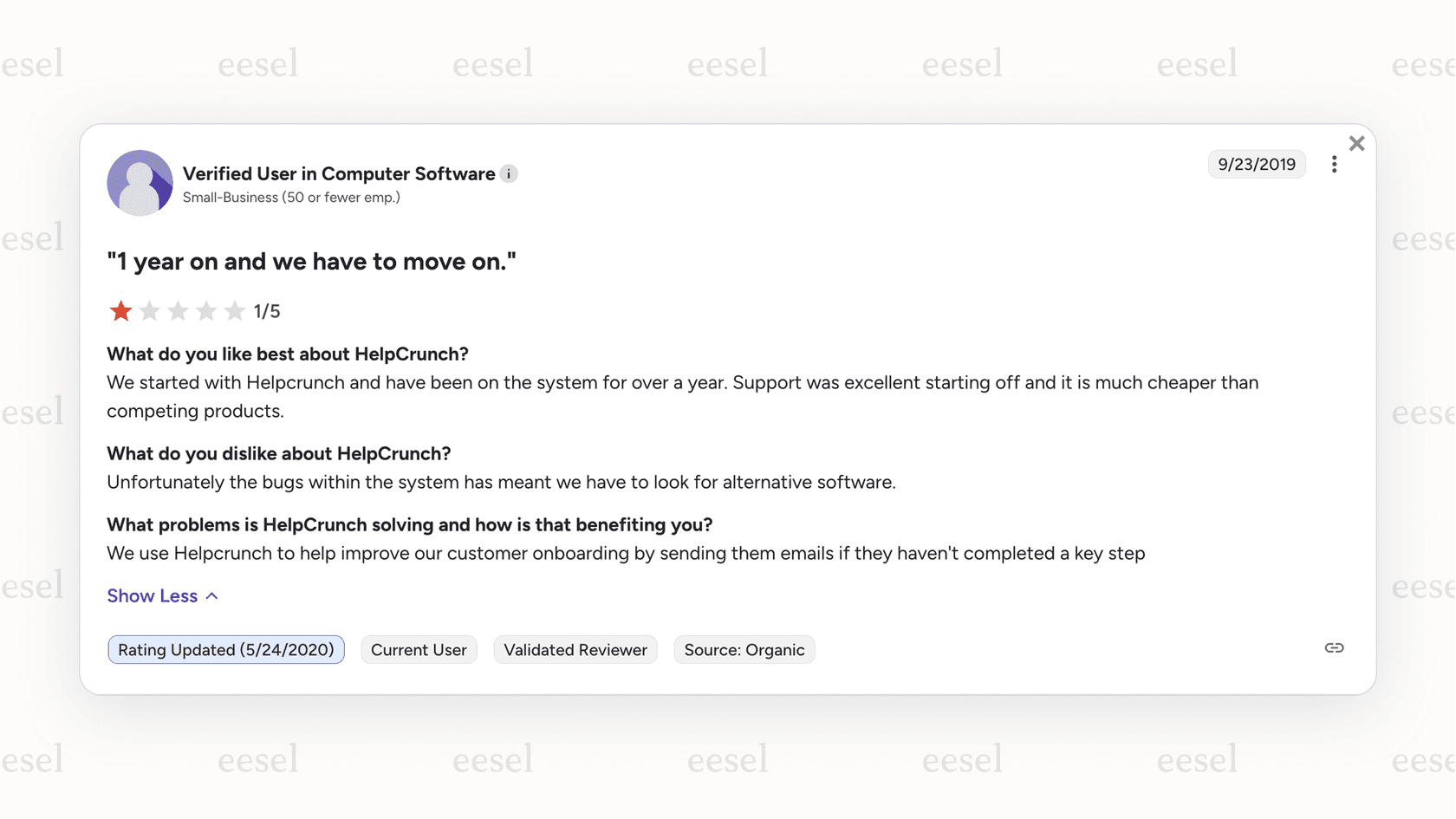 Screenshot of a HelpCrunch testimonial from G2 featuring user experiences with the platform.