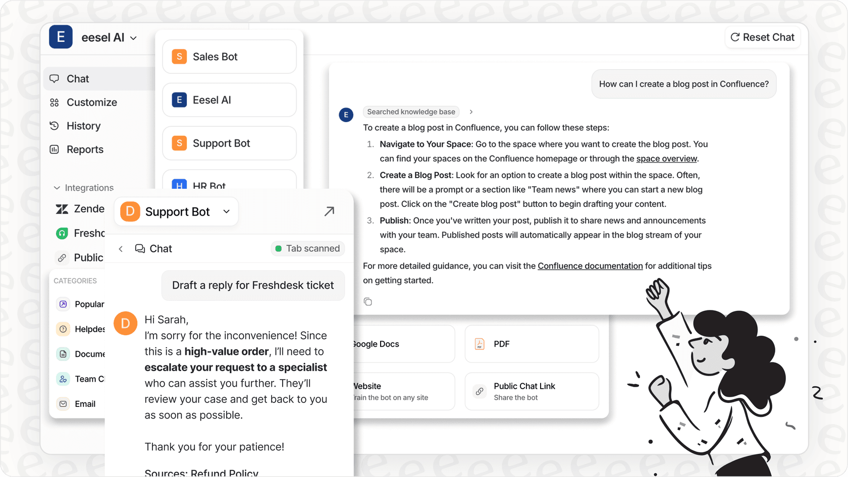 Usuario interactuando con una interfaz de asistente de IA gestionando múltiples tareas.