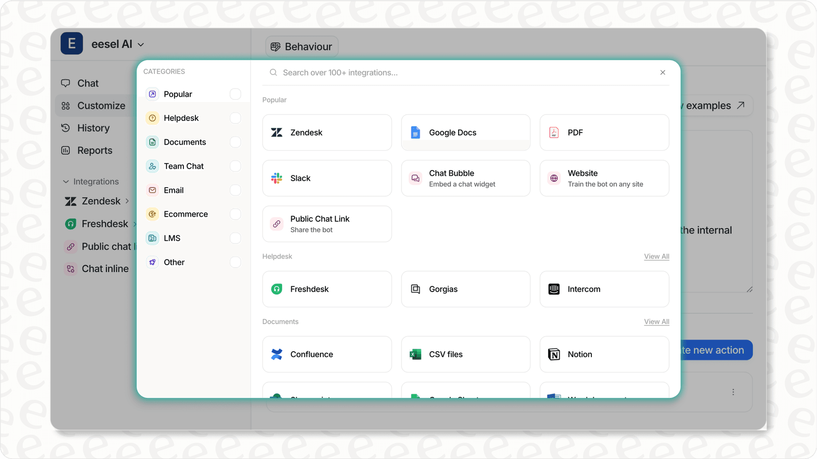 eesel AI interface showing integrations and training options for an AI personal assistant.