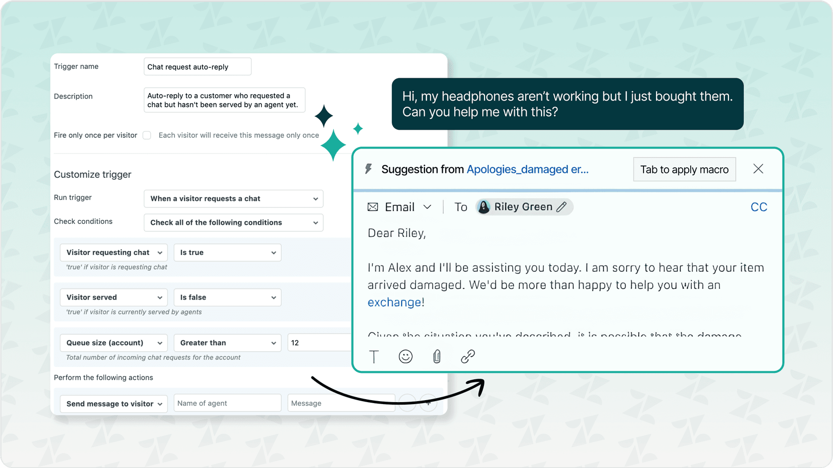 Zendesk Admin Center showing Autoreplies configuration settings for Zendesk AI capabilities.