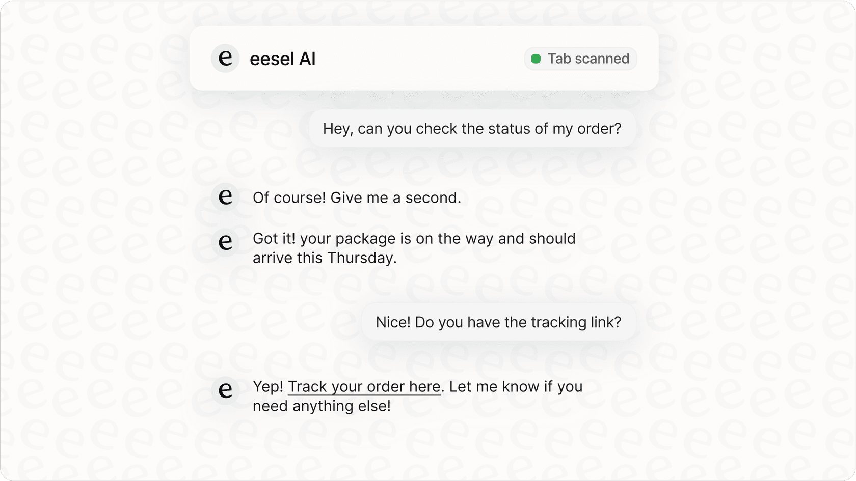 agente de IA de eesel en un chat de soporte al cliente, demostrando comportamiento agente.
