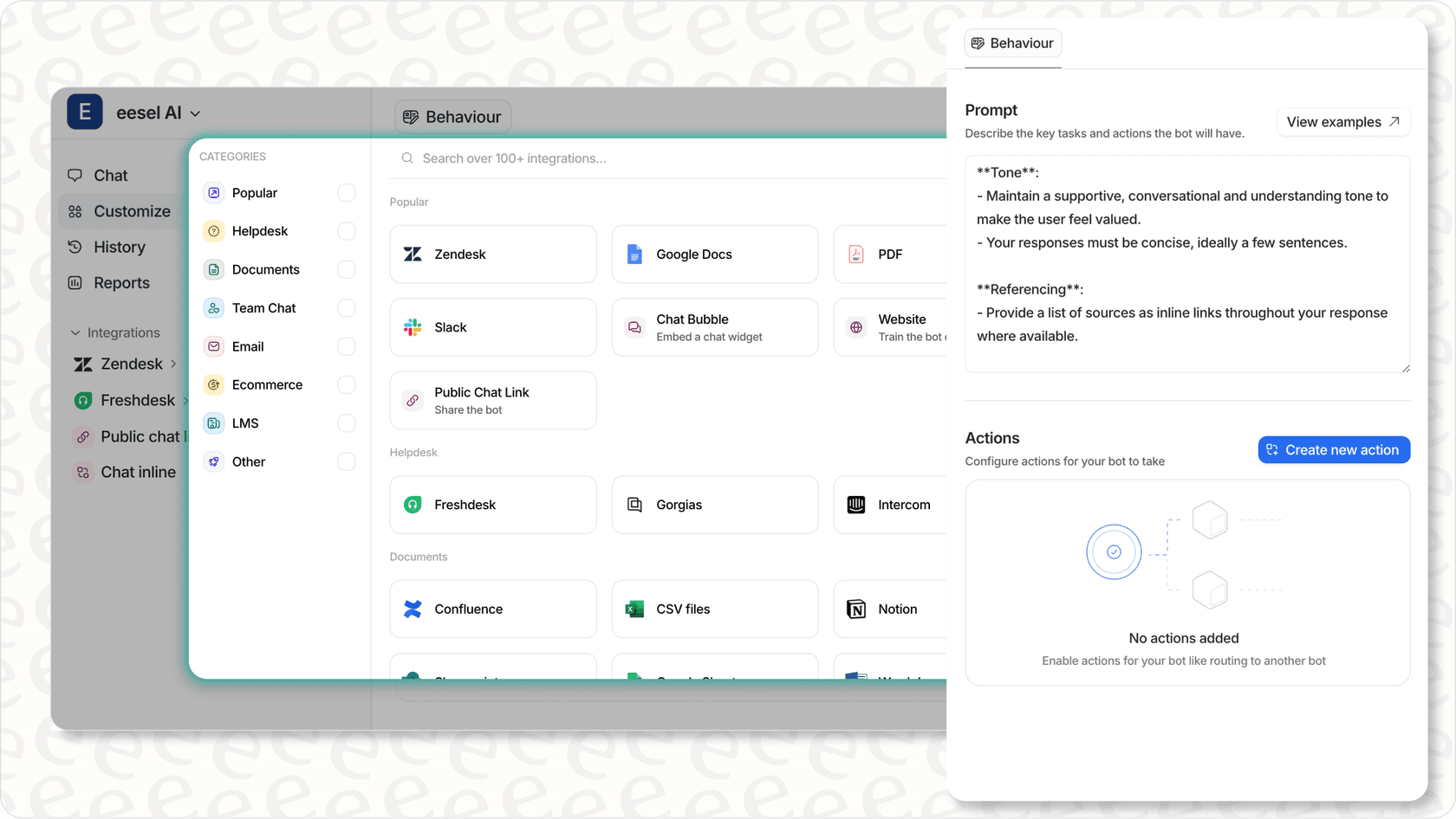 eesel AI dashboard with integrations and customization options.