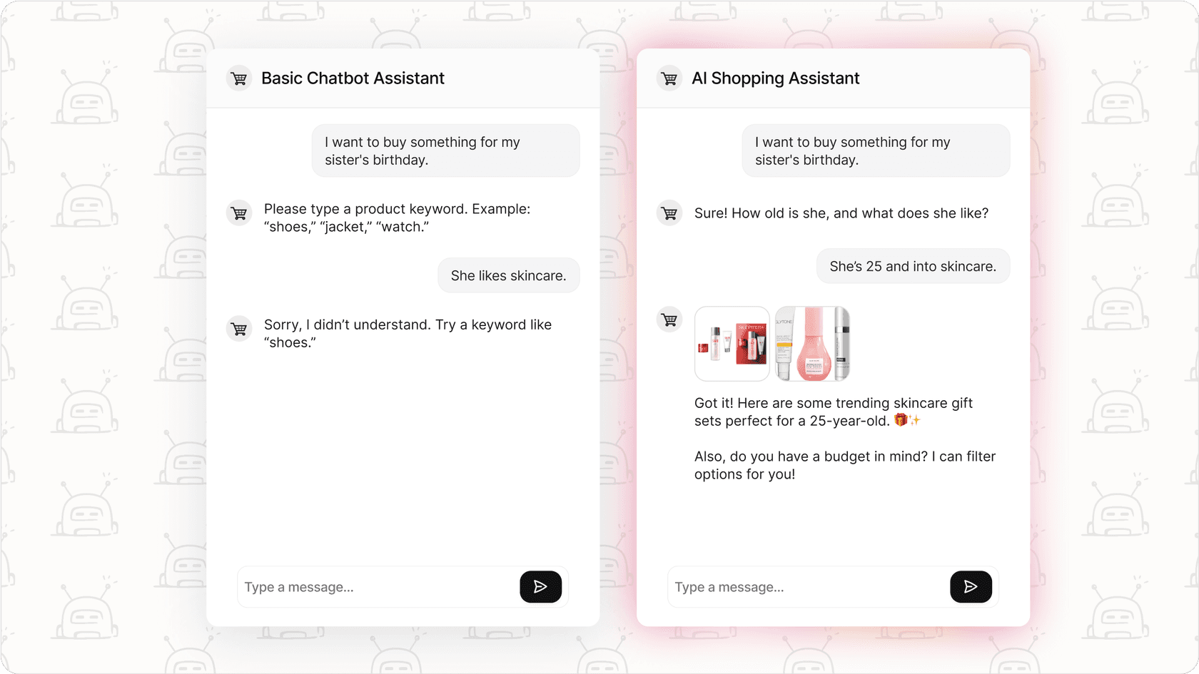 Comparison of a basic chatbot response versus an AI shopping assistant using natural language understanding.