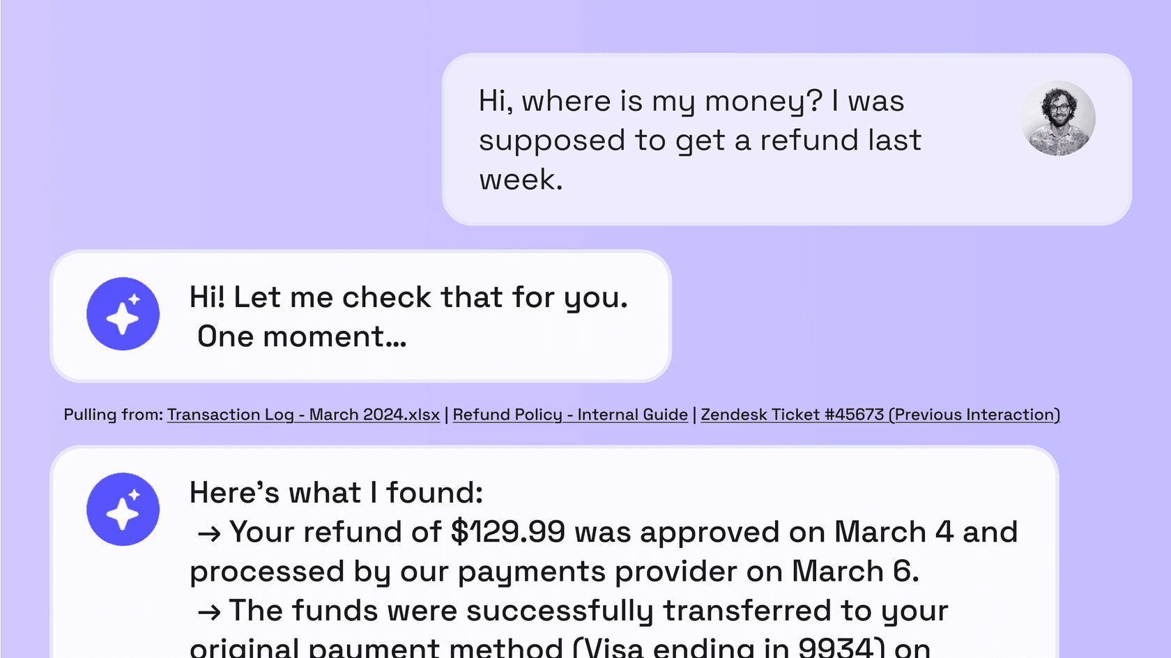 A Decagon AI agent handling a transaction query.
