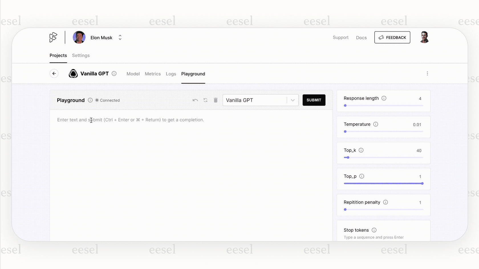 Playground feature in Forefront AI.