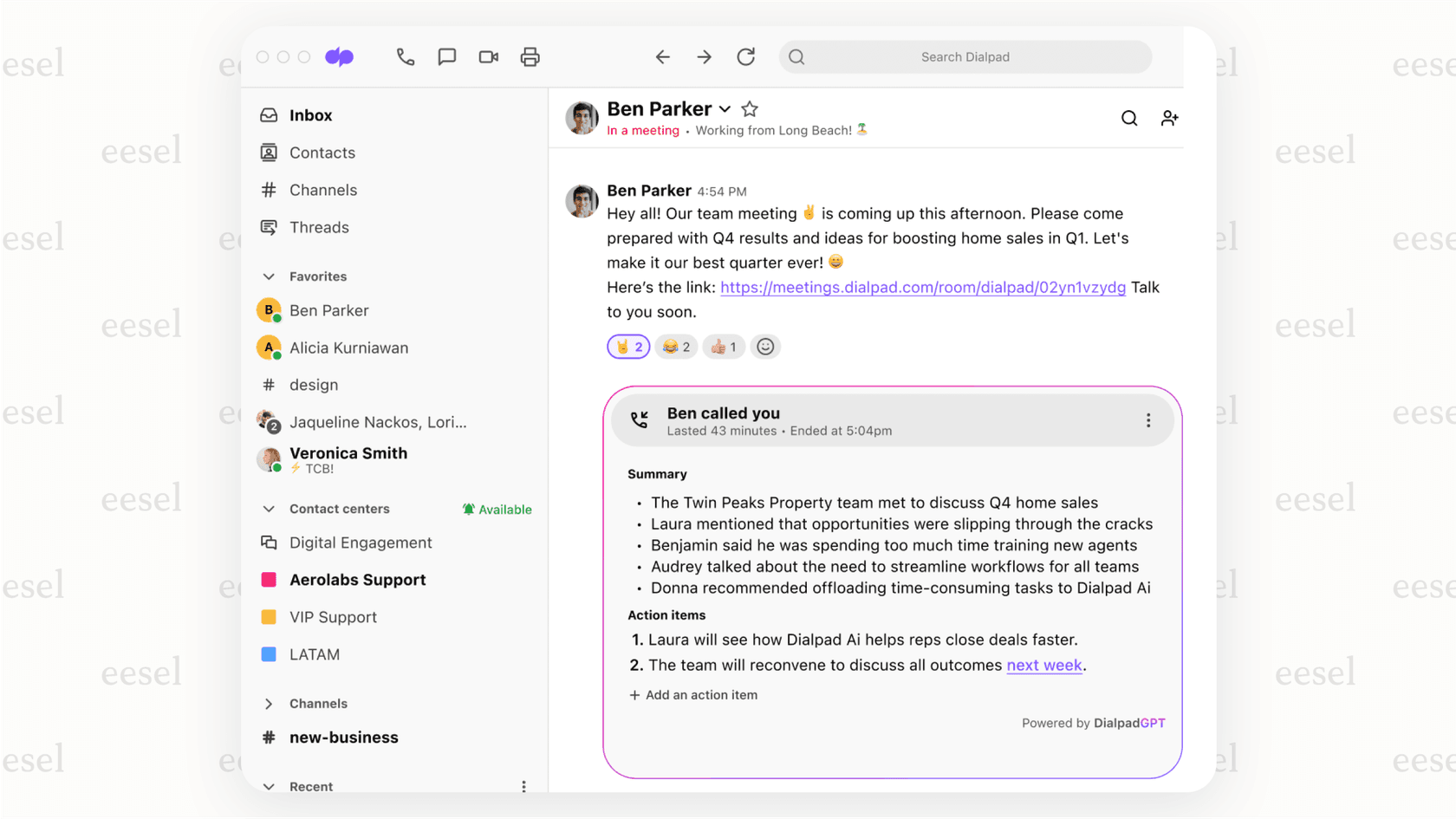 Fonction de résumé d'appel AI de Dialpad avec des notes et une transcription générées par l'IA.