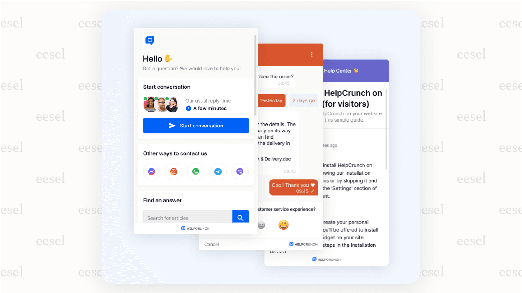 A key point in HelpCrunch reviews is the branding limitation on the Basic plan, as shown on the chat widget.