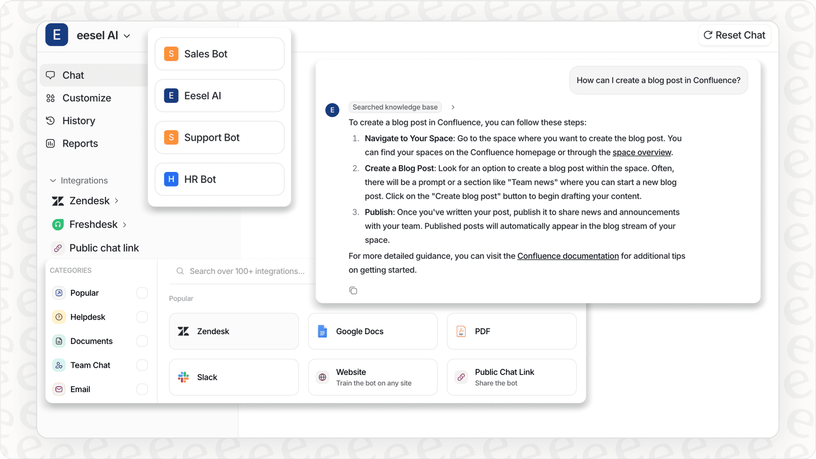 painel de controle eesel AI para construir agentes de IA práticos.