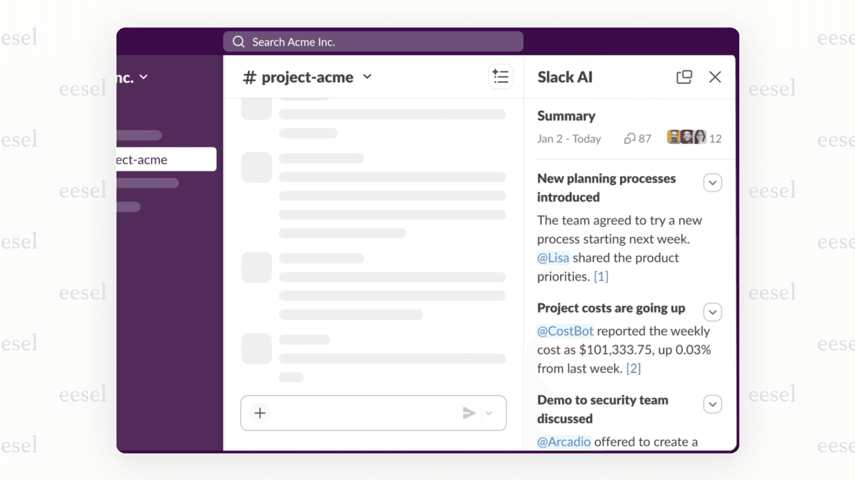 Fonctionnalité de résumés de conversation AI de Slack.