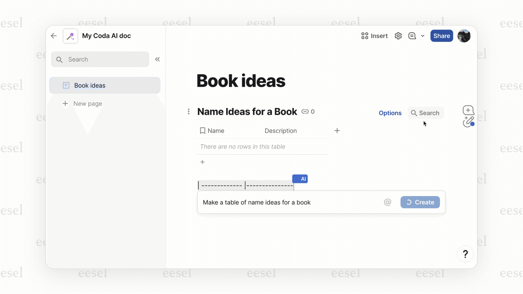Creating a table with a Coda AI prompt.