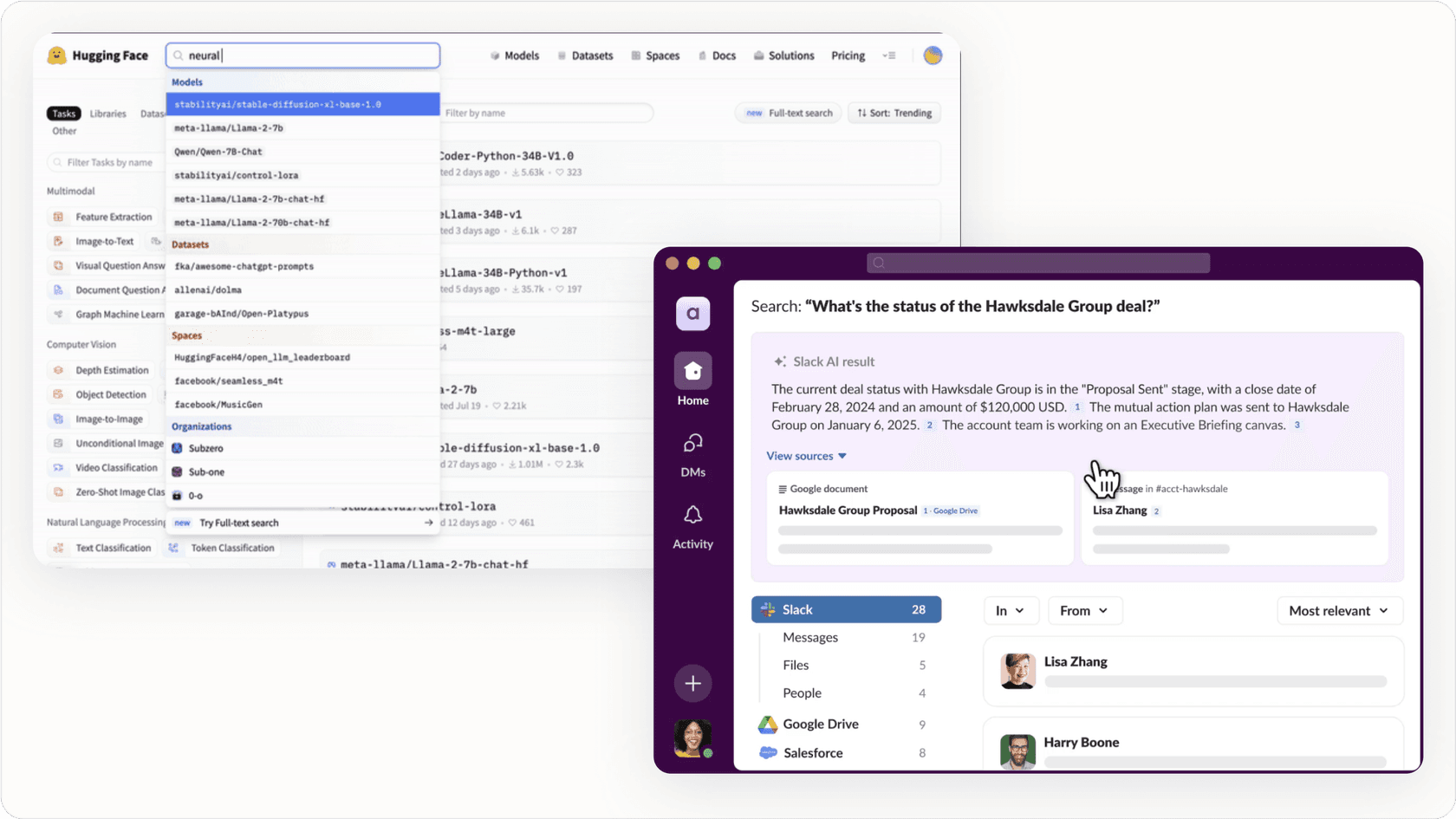 Internal search showing results from different sources.