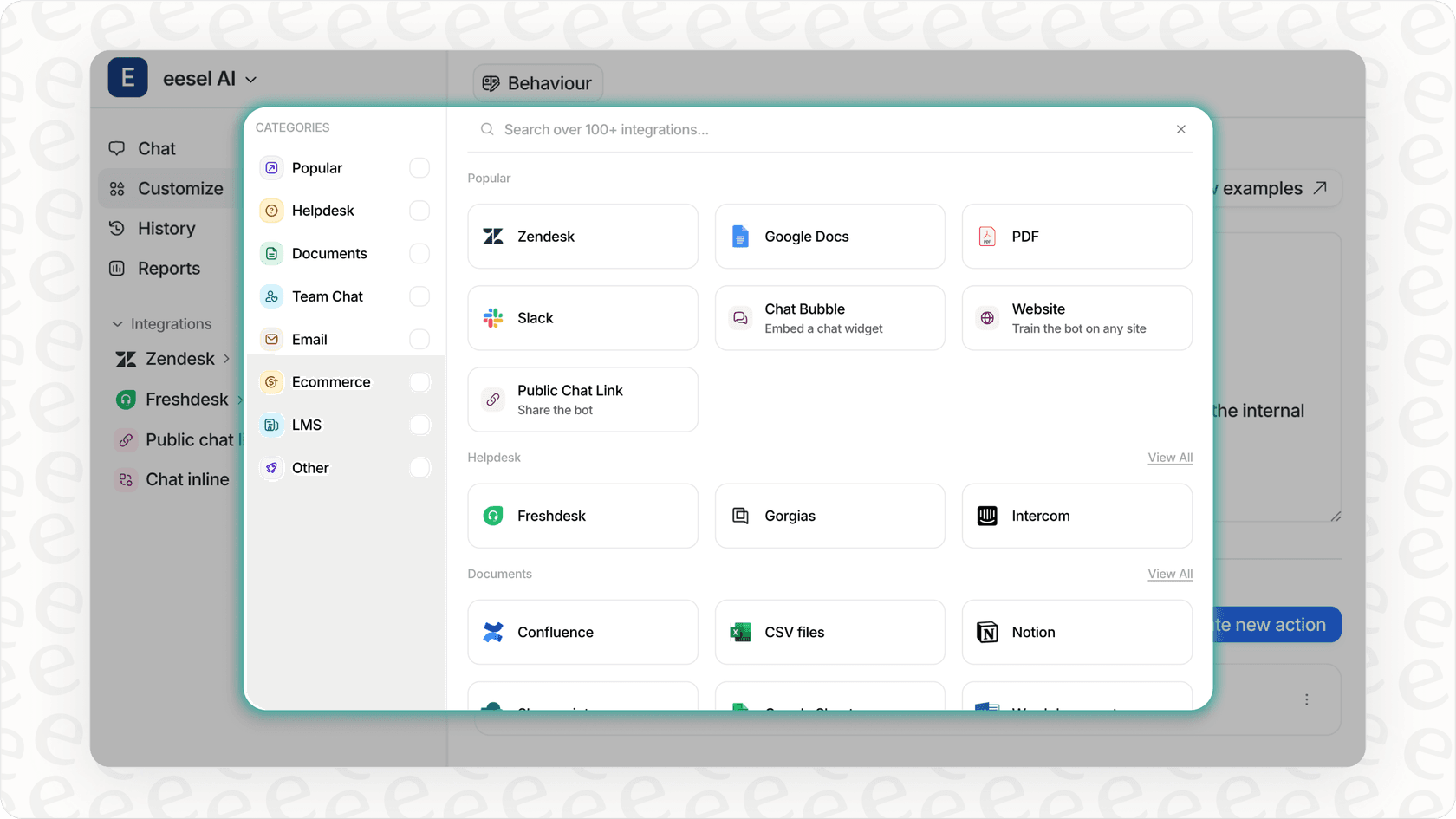 eesel AI dashboard showing a wide range of knowledge source integrations.