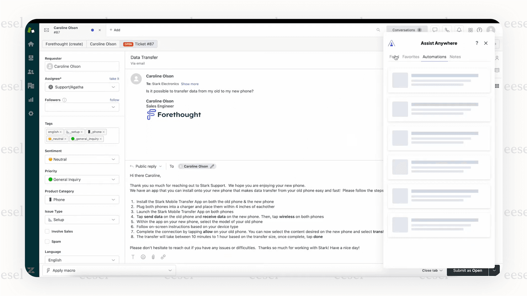 Forethought Assist copilote aidant un agent dans Zendesk. 