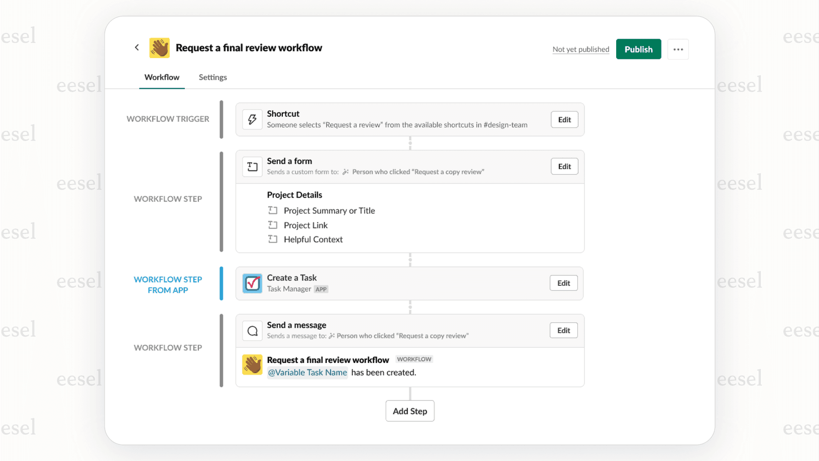 Le constructeur de flux de travail alimenté par l'IA dans Slack AI.