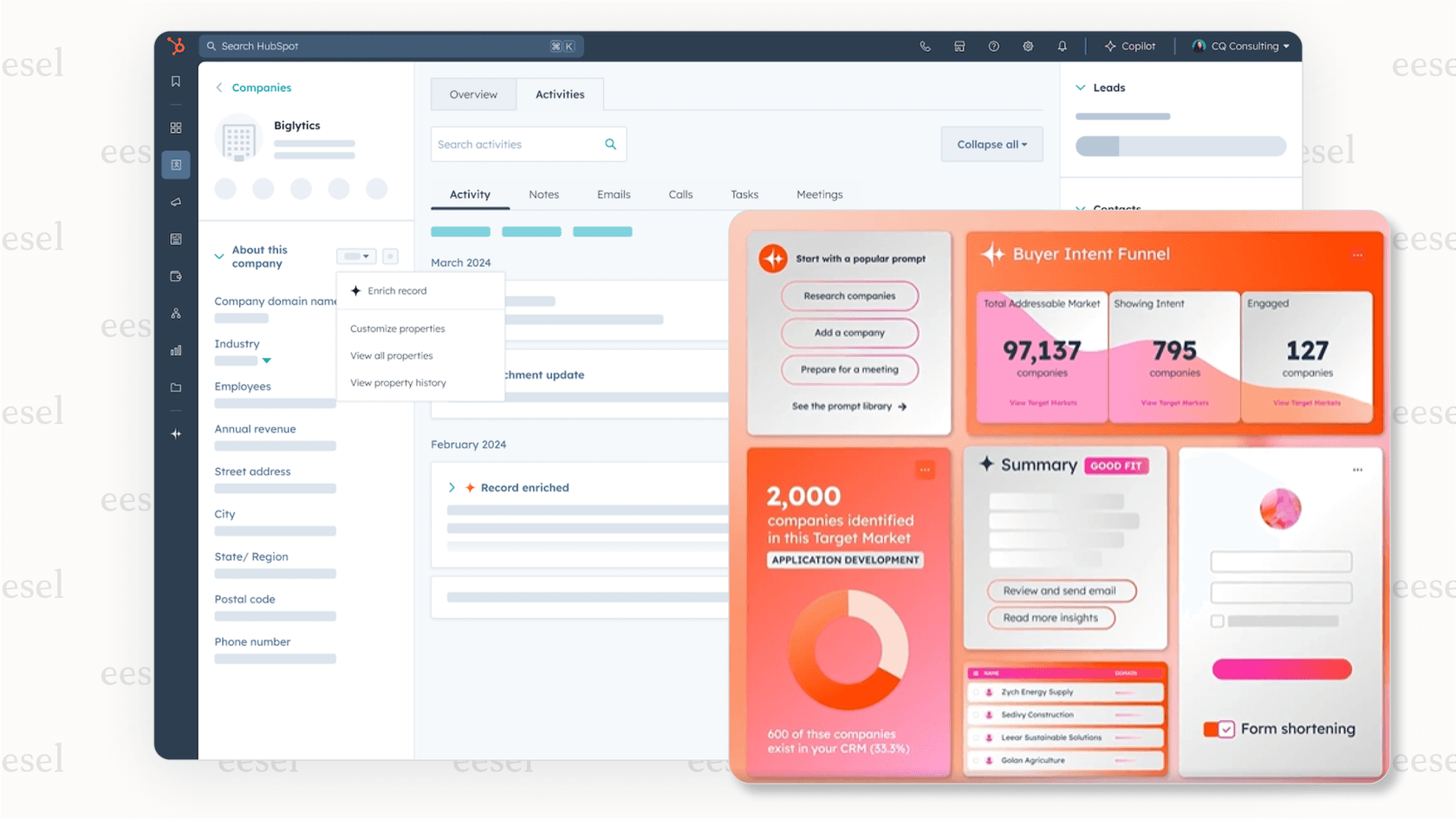 HubSpot AI's data enrichment on a company record. 