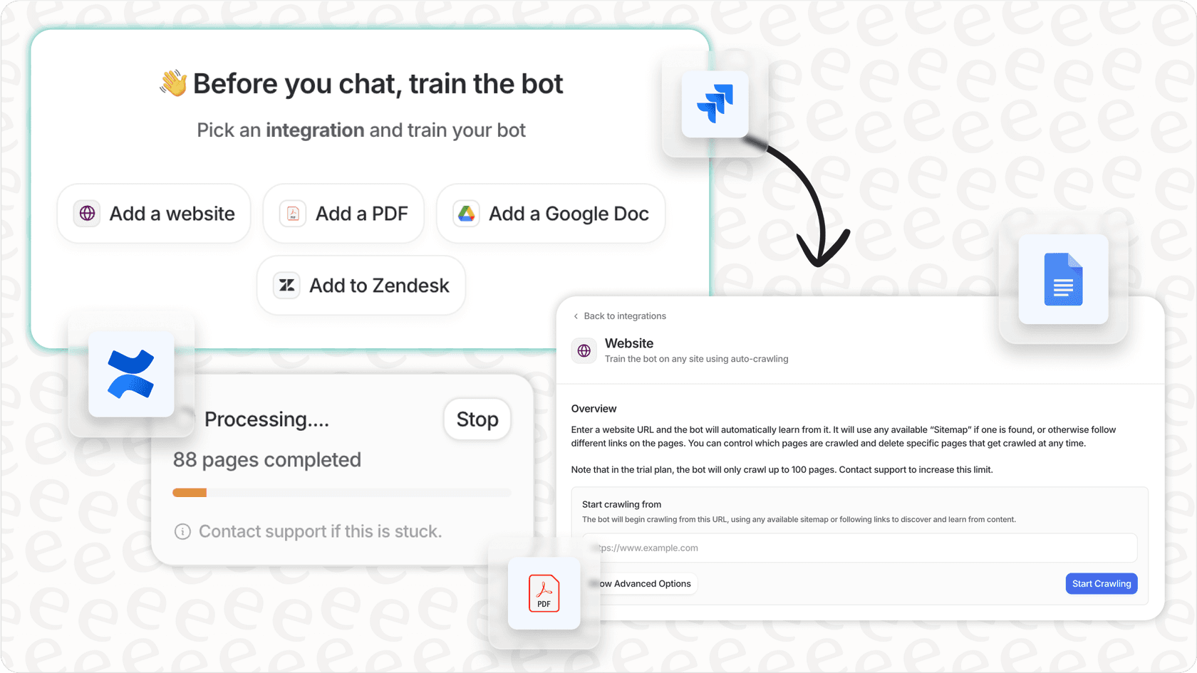 eesel AI interface for connecting and training an AI shopping assistant on multiple data sources.