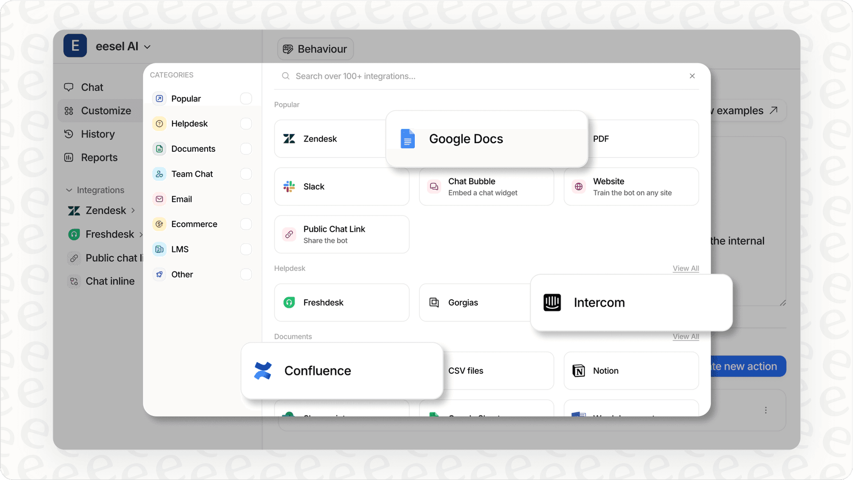 página de integraciones de eesel AI mostrando conexiones a varias fuentes para capacidades agenticas.