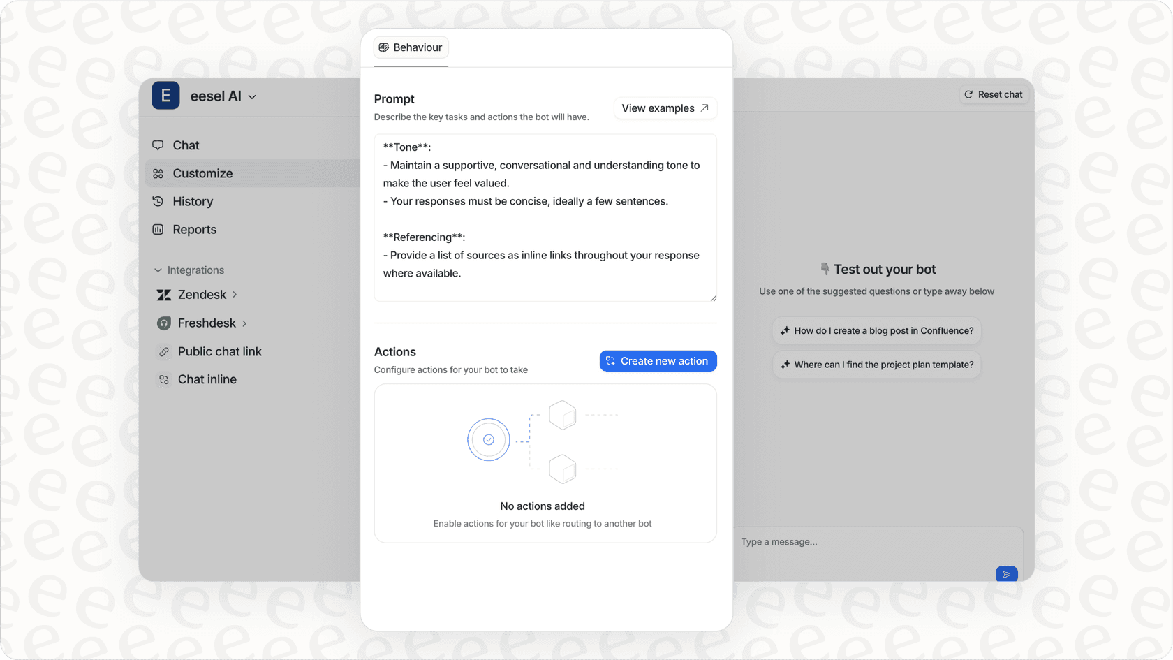 eesel AI dashboard with customization options for bot prompts and actions.