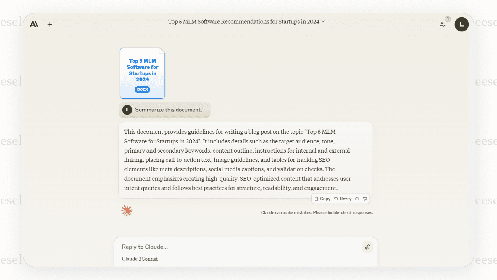 Anthropic's Claude summarizing a long document.