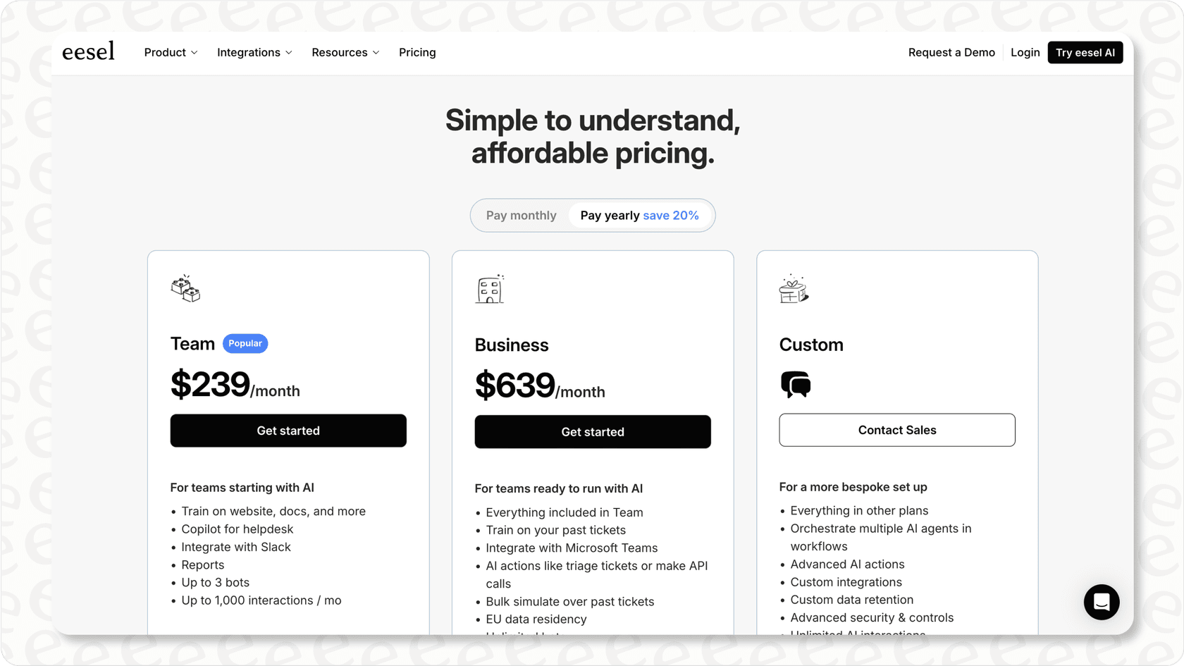 página de precios de eesel AI destacando la transparencia en comparación con la página de precios de Sierra AI.