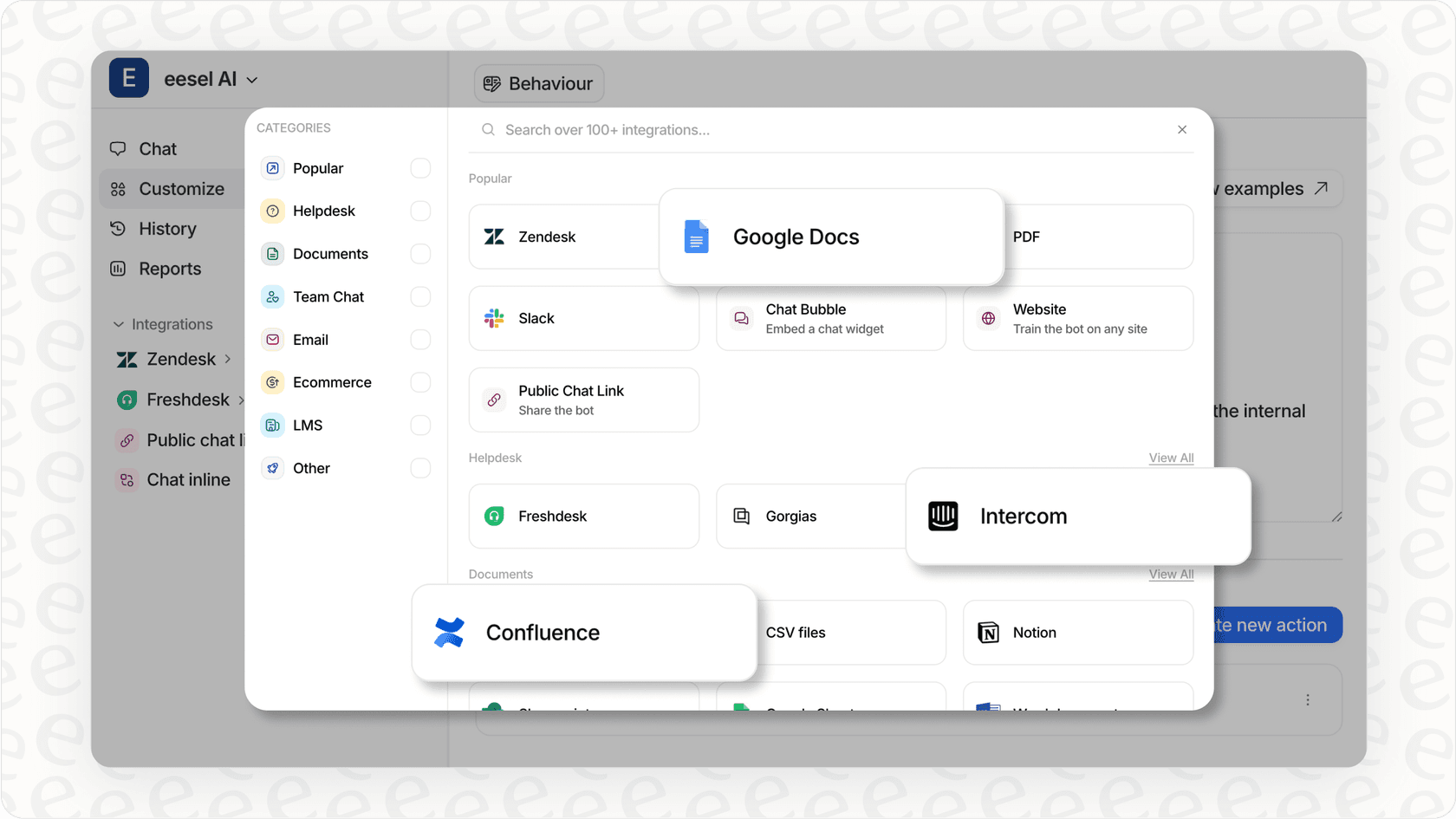 eesel AI interface for integrating an AI shopping assistant with e-commerce and helpdesk systems.