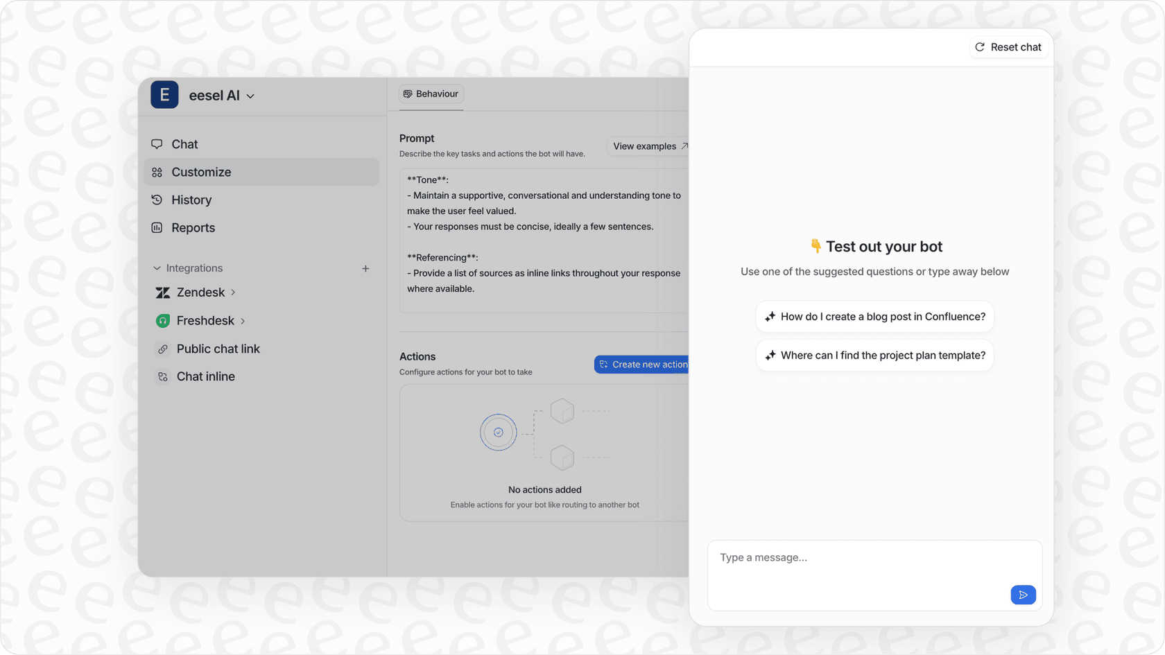 eesel AI dashboard with testing and fine-tuning features for bot responses.