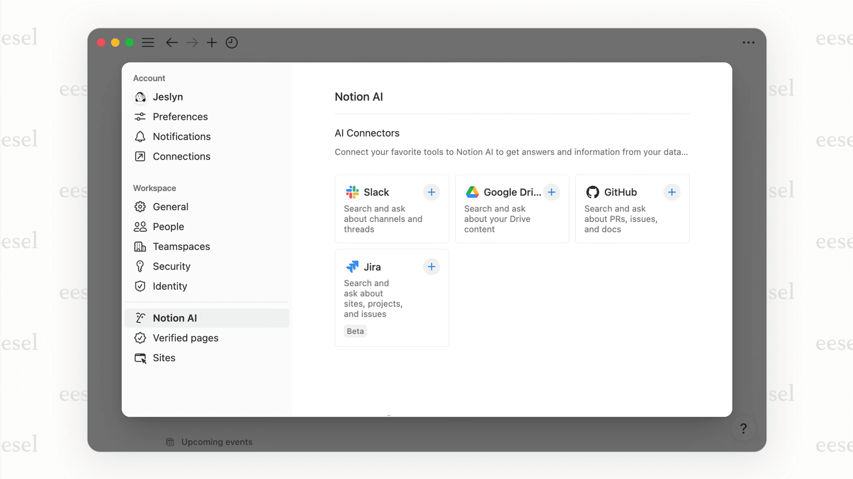 A view of the available Notion AI connectors. 