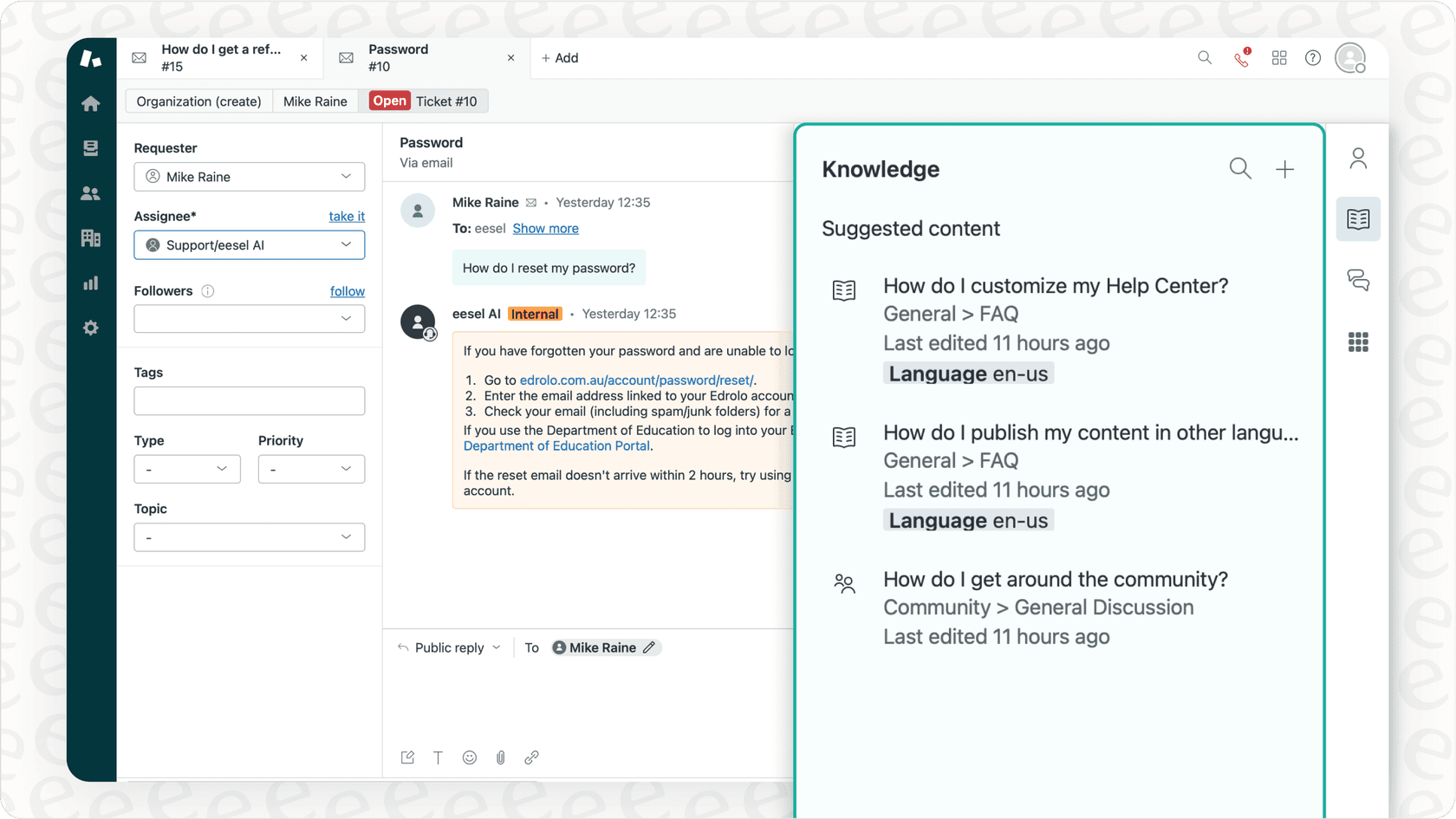 eesel AI Assistant suggesting replies and knowledge links.