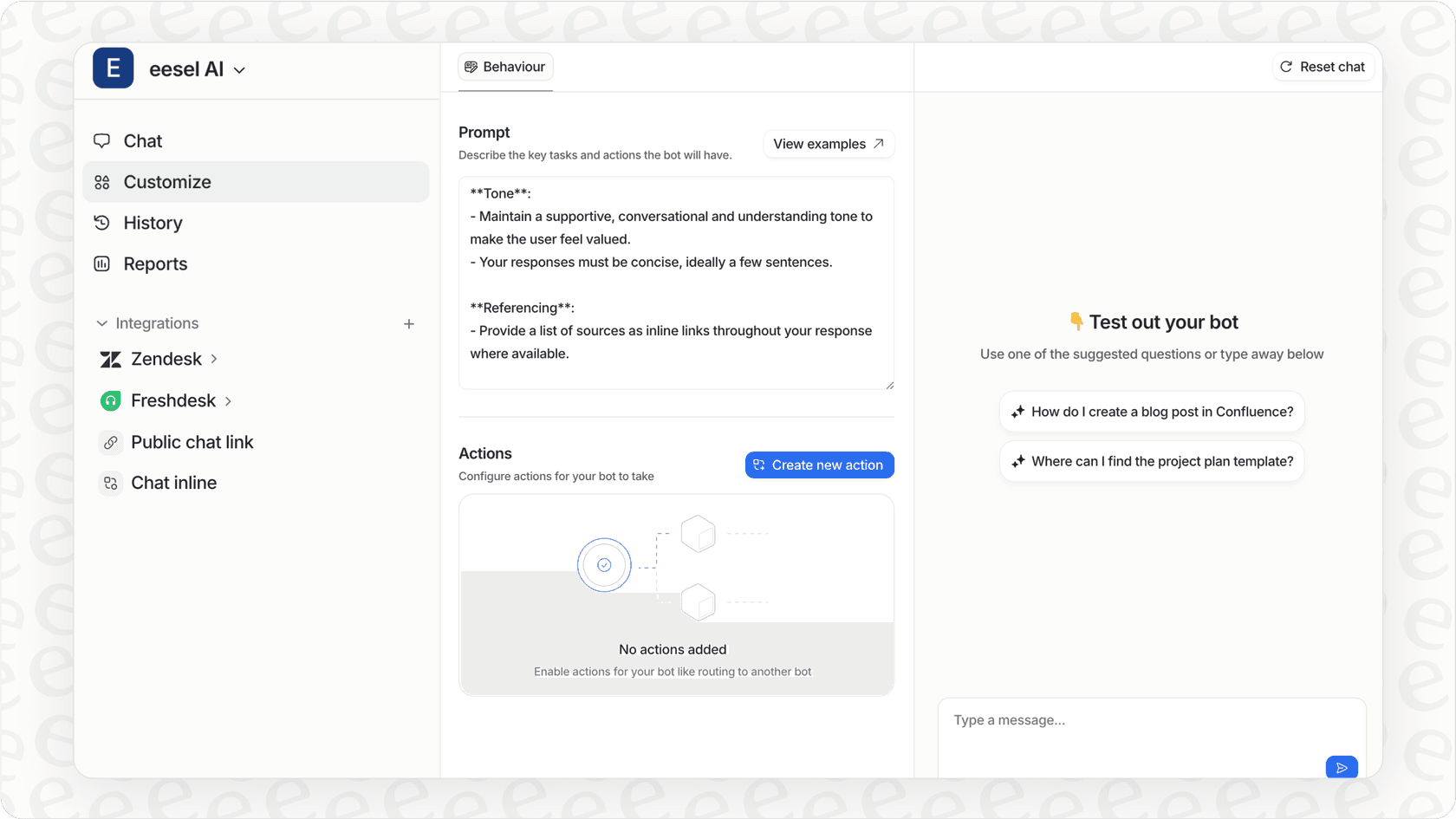Interfaz de configuración de eesel AI para configurar un agente de IA de centro de contacto