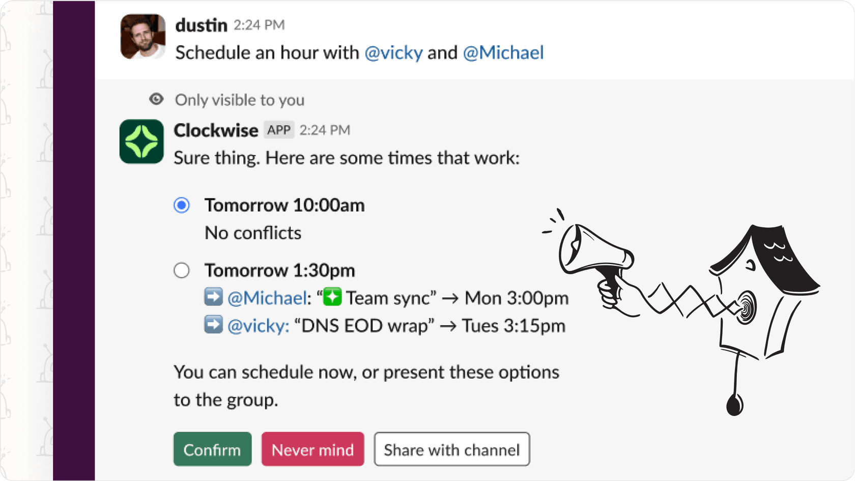 Interfaz de asistente de IA gestionando eventos de calendario y horarios de reuniones.