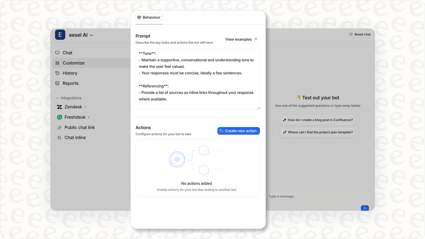 eesel AI interface for customizing an AI shopping assistant’s personality, actions, and workflows.
