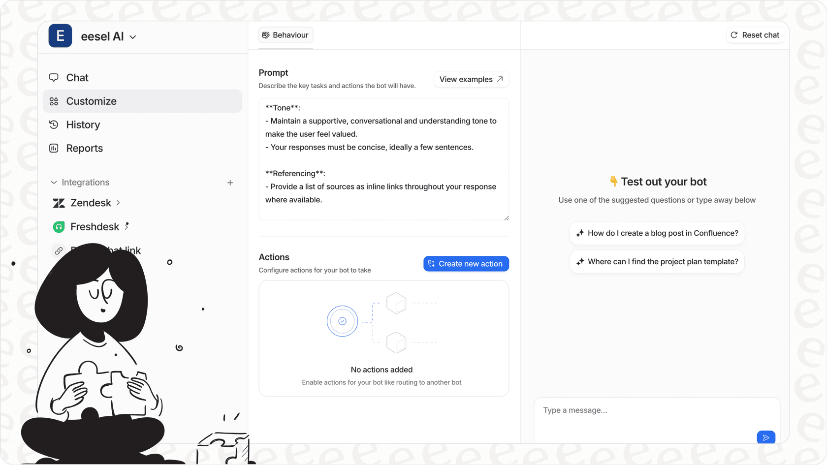 Screenshot of the eesel AI dashboard showing customization options, and testing capabilities, demonstrating what is copilot with eesel.