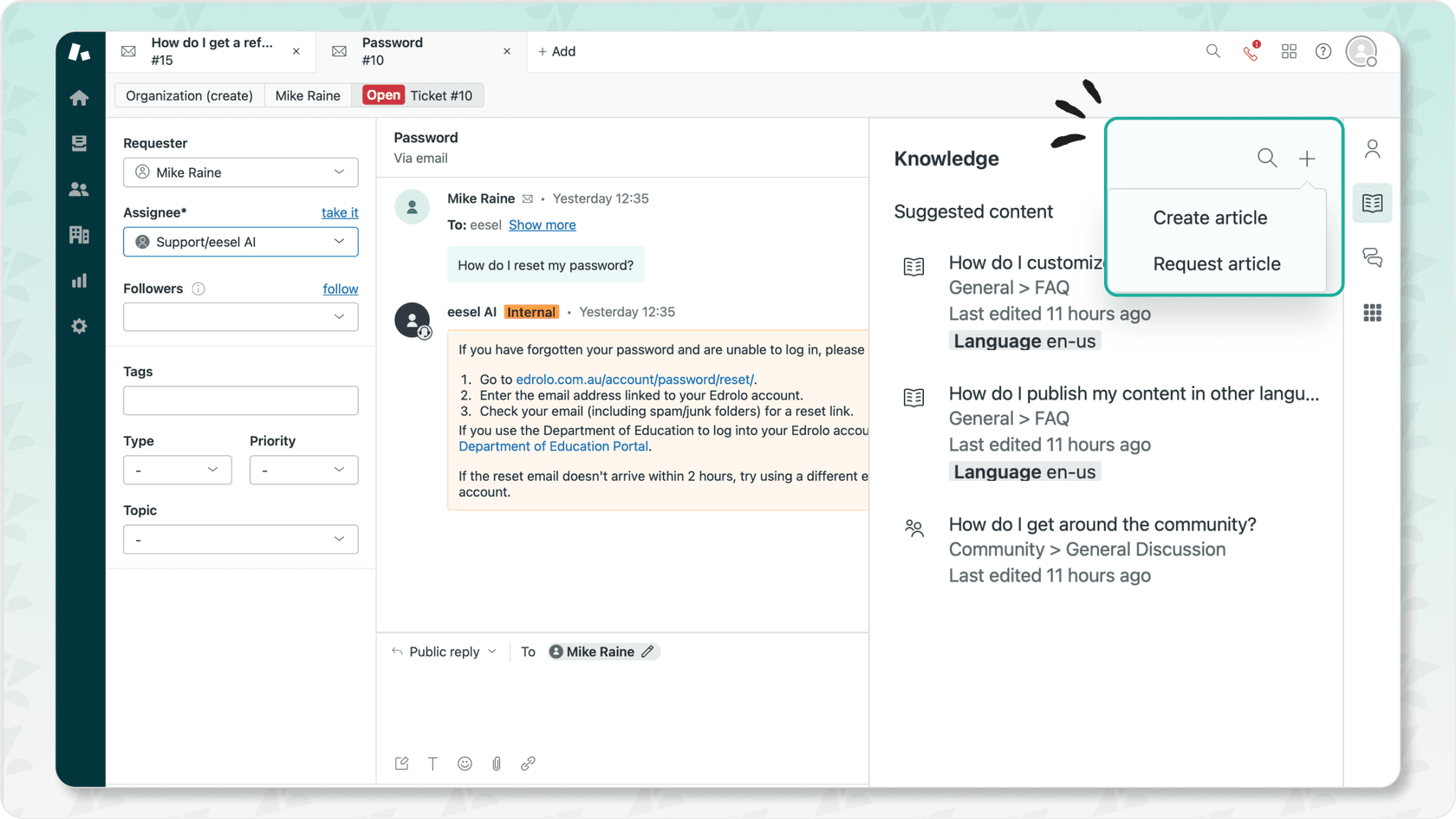 Zendesk Admin Center showing Help Center settings and integration options.